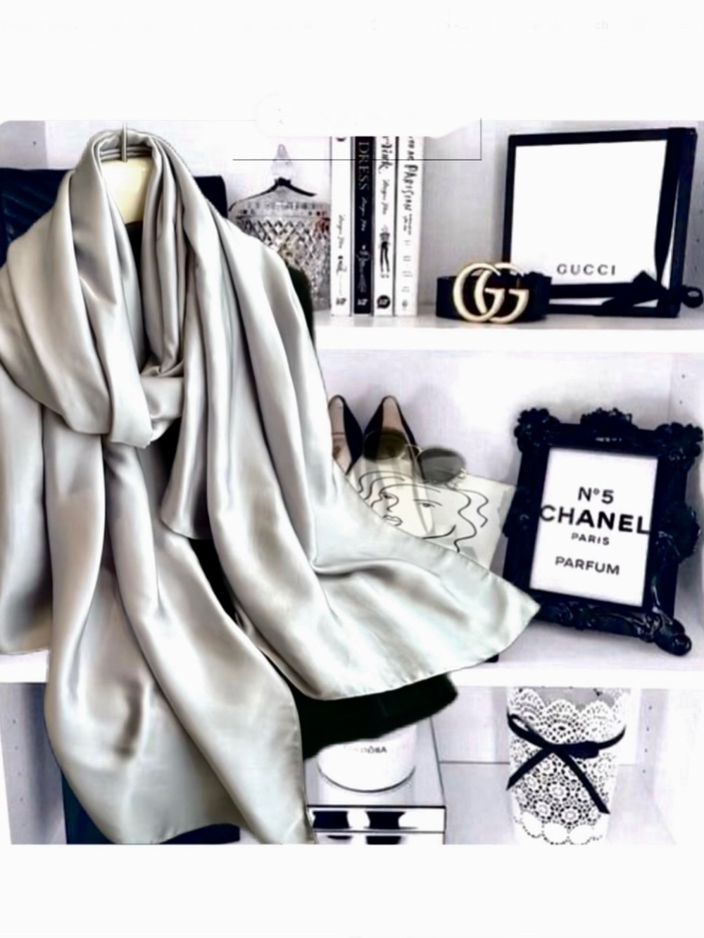 100% SILK SATIN Silver Grey Large Shawl Scarf Wedding Cover Up Lux Evening Wrap
